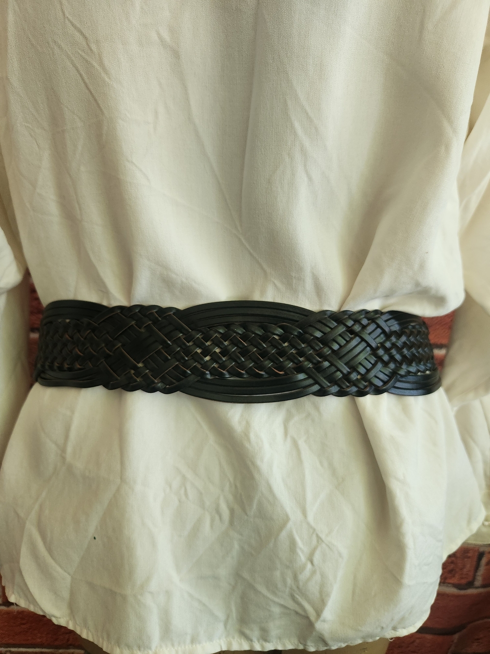 Woven Black Leather Belt with Silver Buckle - Picture 2 of 6